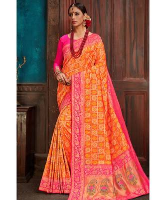 Beautiful orange pink banarasi bandhej fusion saree with blouse 1