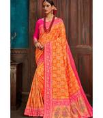 Beautiful orange pink banarasi bandhej fusion saree with blouse