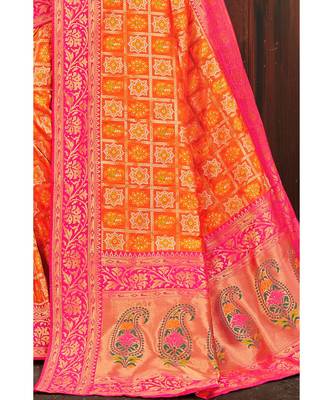 Beautiful orange pink banarasi bandhej fusion saree with blouse 2