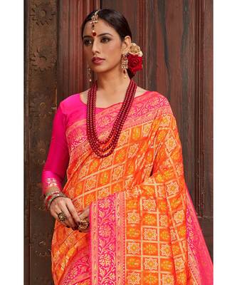 Beautiful orange pink banarasi bandhej fusion saree with blouse 3