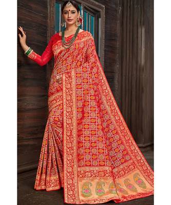 Beautiful red banarasi bandhej fusion saree with blouse 1