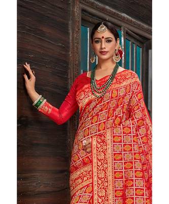 Beautiful red banarasi bandhej fusion saree with blouse 3