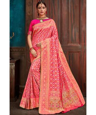 Beautiful pink banarasi bandhej fusion saree with blouse 1