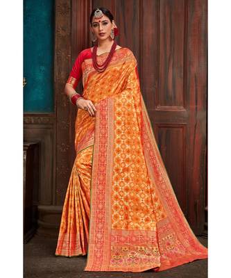 Beautiful mango orange red banarasi bandhej fusion saree with blouse 1