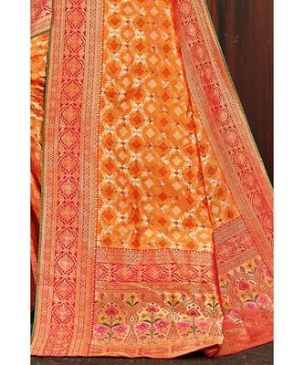 Beautiful mango orange red banarasi bandhej fusion saree with blouse 2