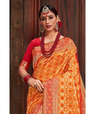 Beautiful mango orange red banarasi bandhej fusion saree with blouse 3
