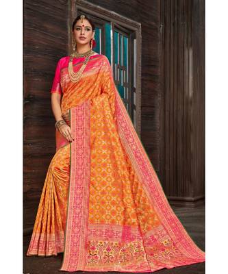 Beautiful mango orange pink banarasi bandhej fusion saree with blouse 1
