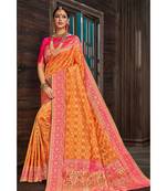 Beautiful mango orange pink banarasi bandhej fusion saree with blouse