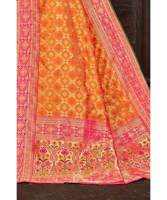Beautiful mango orange pink banarasi bandhej fusion saree with blouse 2