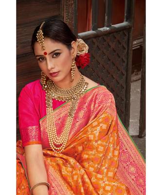 Beautiful mango orange pink banarasi bandhej fusion saree with blouse 3