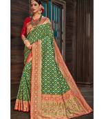 Beautiful bottle green red banarasi bandhej fusion saree with blouse