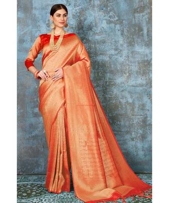 Bright orange woven kanjivaram saree with blouse 1