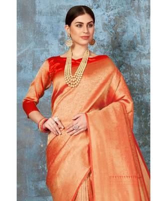 Bright orange woven kanjivaram saree with blouse 2