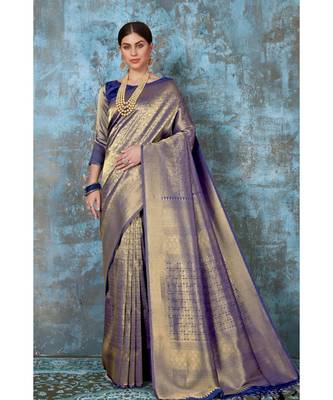 Navy blue woven kanjivaram saree with blouse 1