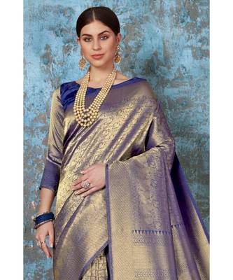 Navy blue woven kanjivaram saree with blouse 2