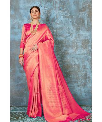 Watermelon pink woven kanjivaram saree with blouse 1