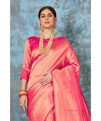 Watermelon pink woven kanjivaram saree with blouse 2