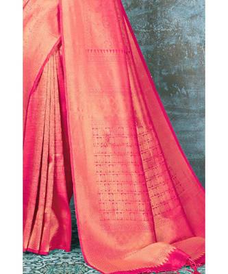 Watermelon pink woven kanjivaram saree with blouse 3