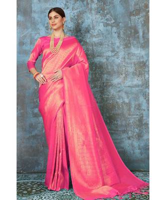 Bright baby pink woven kanjivaram saree with blouse 1