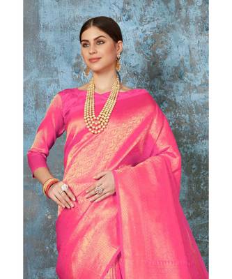 Bright baby pink woven kanjivaram saree with blouse 3