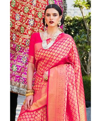 Deep pink woven kanjivaram saree with blouse 2