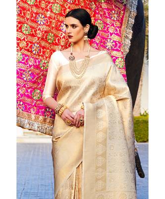 White gold woven kanjivaram saree with blouse 3