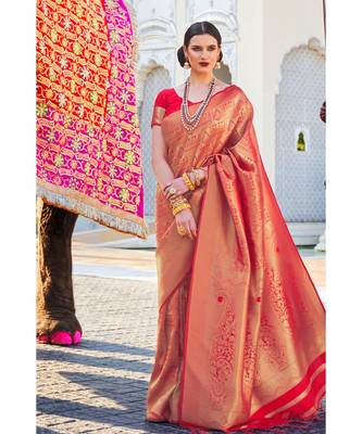 Cherry red woven kanjivaram saree with blouse 1