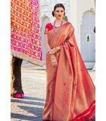 Cherry red woven kanjivaram saree with blouse