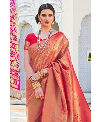 Cherry red woven kanjivaram saree with blouse 2