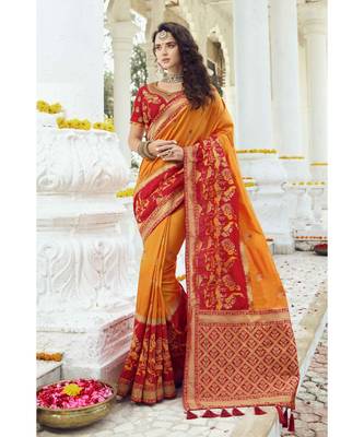 Mustard yellow designer banarasi saree with embroidered silk blouse 1