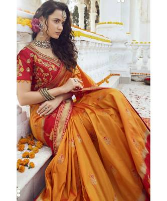 Mustard yellow designer banarasi saree with embroidered silk blouse 3