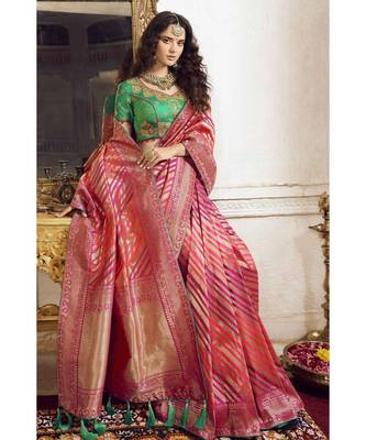 Pink woven designer banarasi saree with embroidered silk blouse 1