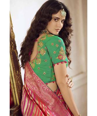 Pink woven designer banarasi saree with embroidered silk blouse 3