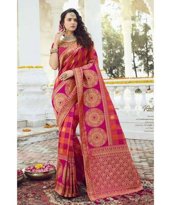 Orange pink woven designer banarasi saree with embroidered silk blouse 1