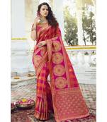 Orange pink woven designer banarasi saree with embroidered silk blouse