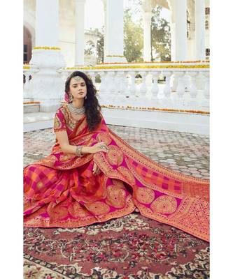 Orange pink woven designer banarasi saree with embroidered silk blouse 2
