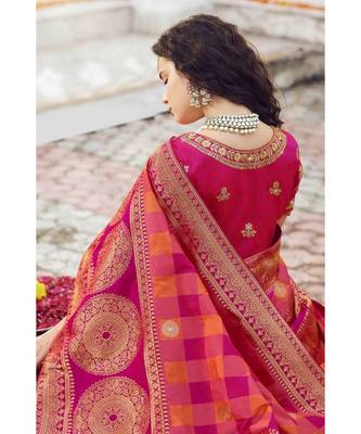 Orange pink woven designer banarasi saree with embroidered silk blouse 3