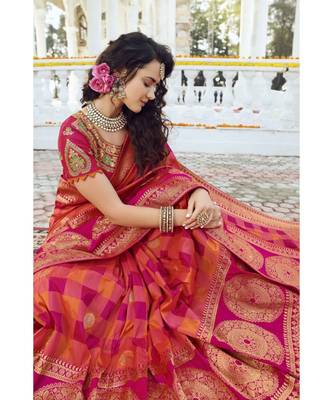 Orange pink woven designer banarasi saree with embroidered silk blouse 4