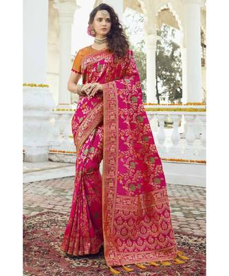 Deep pink floral woven designer banarasi saree with embroidered silk blouse 1
