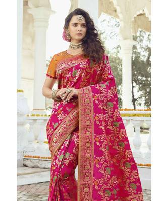 Deep pink floral woven designer banarasi saree with embroidered silk blouse 2