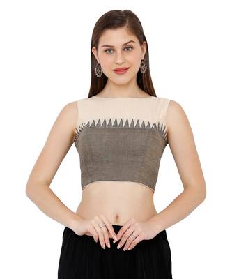 Women's Cream Cotton Chambray Boat Neck Office Wear Readymade Saree Blouse 1