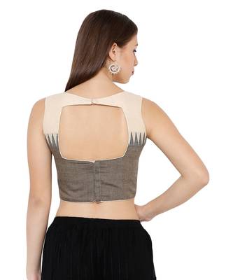 Women's Cream Cotton Chambray Boat Neck Office Wear Readymade Saree Blouse 2