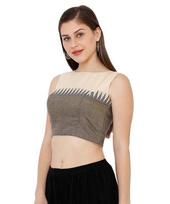Women's Cream Cotton Chambray Boat Neck Office Wear Readymade Saree Blouse 3