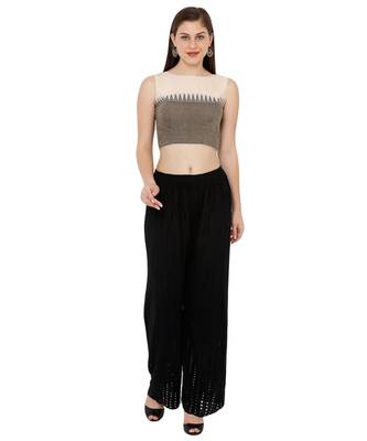 Women's Cream Cotton Chambray Boat Neck Office Wear Readymade Saree Blouse 4