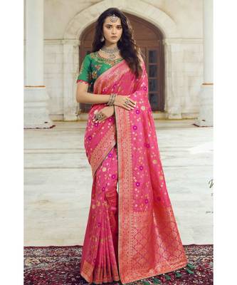 Pastel pink woven designer banarasi saree with embroidered silk blouse 1