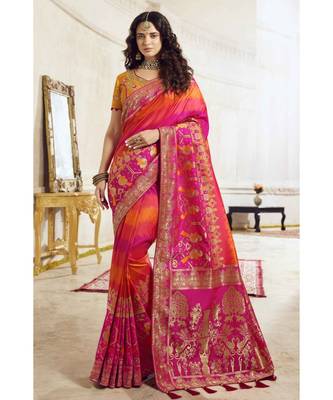 Orange pink shaded woven designer banarasi saree with embroidered silk blouse 1