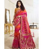 Orange pink shaded woven designer banarasi saree with embroidered silk blouse