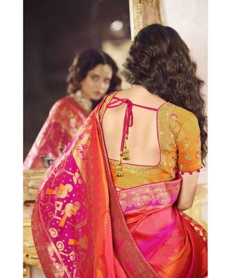 Orange pink shaded woven designer banarasi saree with embroidered silk blouse 3