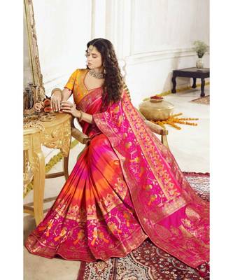 Orange pink shaded woven designer banarasi saree with embroidered silk blouse 4