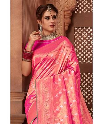 Golden pink woven tissue kanjivaram saree with blouse 3